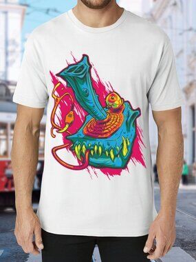 Graphic Monster Jaw Tee - White with Teal, Pink & Yellow Art